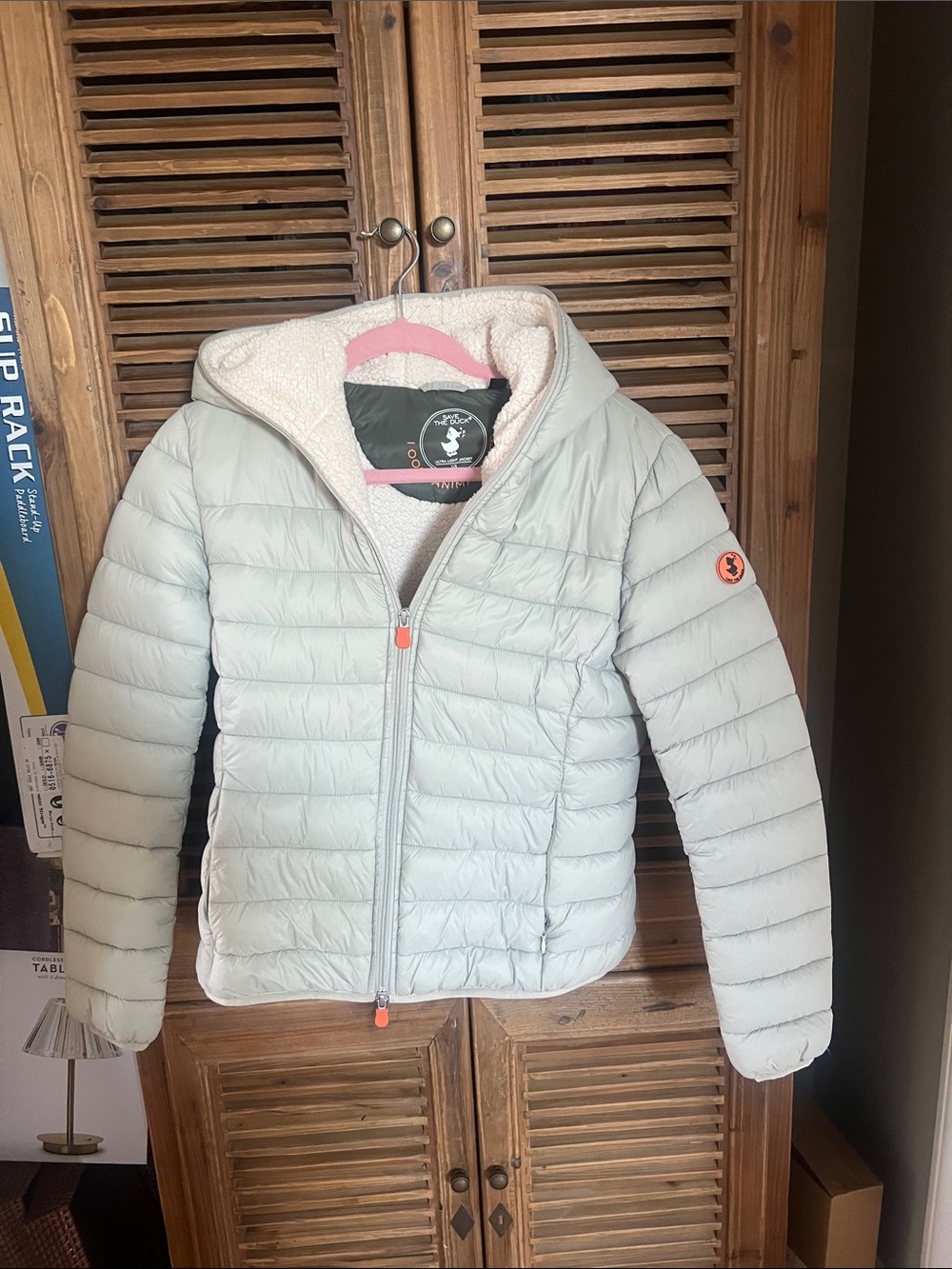 SAVE THE DUCK Light Gray Sherpa-Lined Women's Puffer Jacket